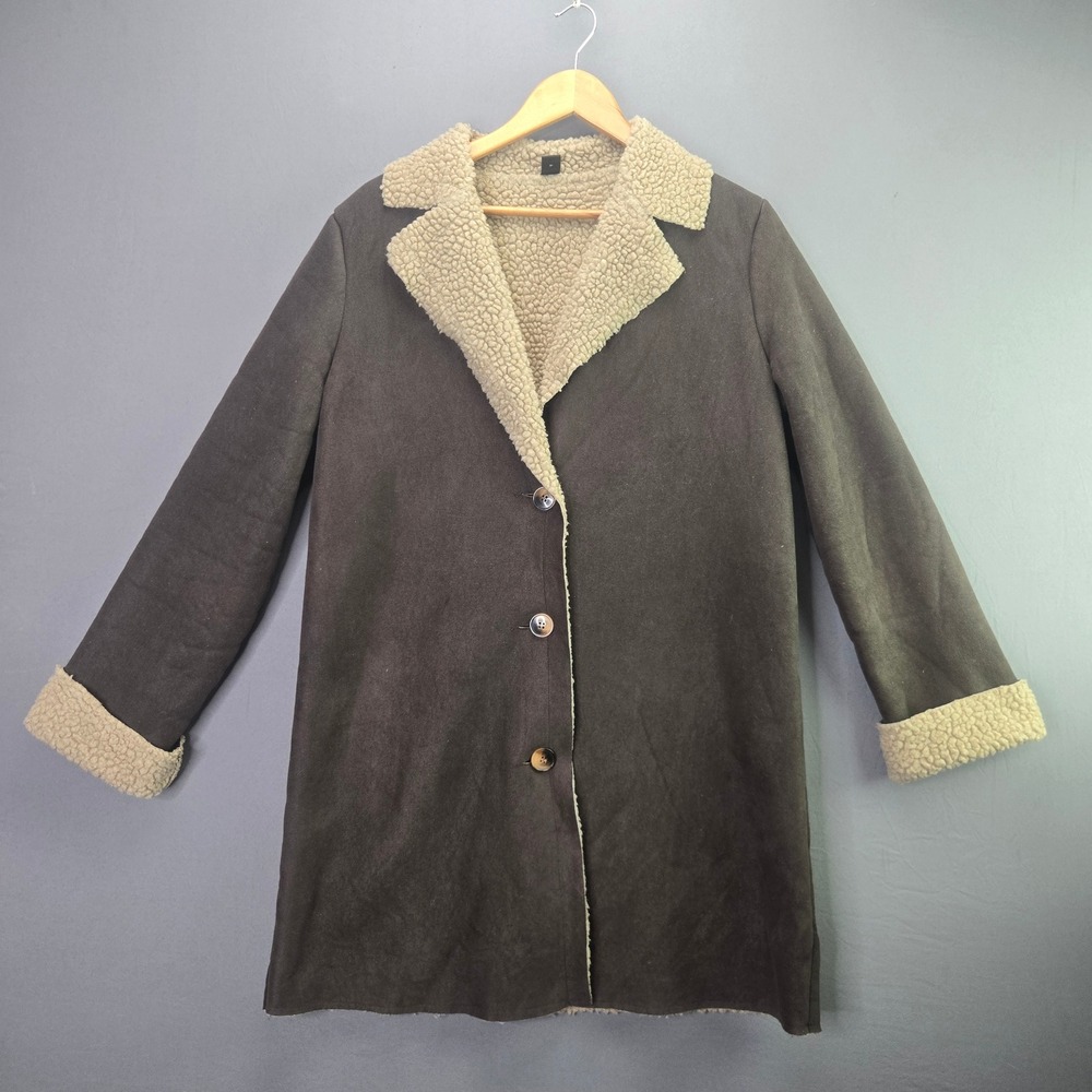 SHEIN Faux Suede Sherpa Lined Coat Jacket Large Brown Button Up Longline Warm